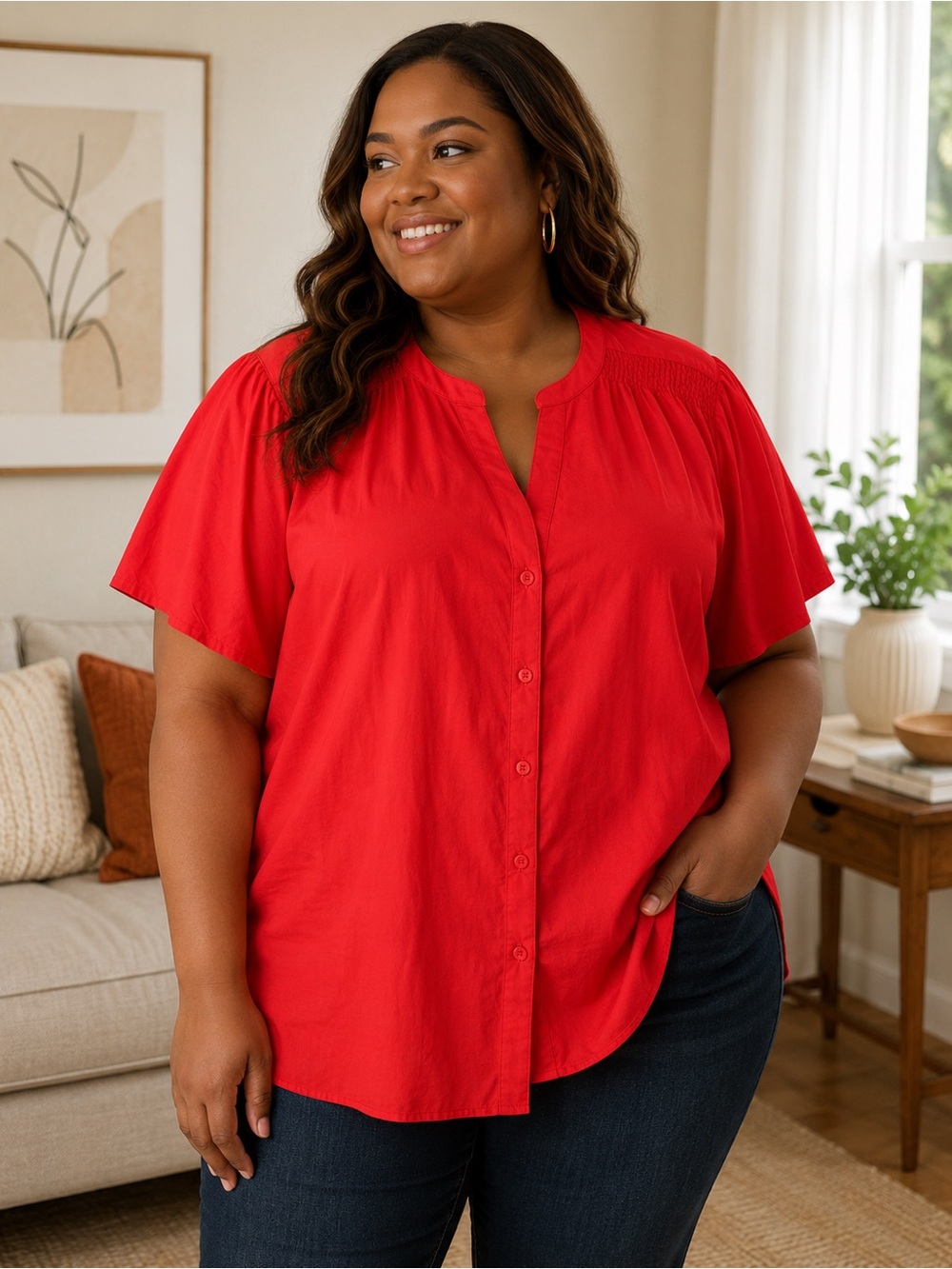 PENNINGTONS Red Flutter Sleeve Blouse | Plus Size Lightweight Button Top. Ptp 31